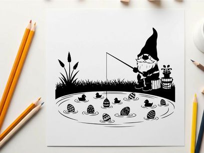 Gnome silhouette fishing for snails in a serene pond environment silhouette