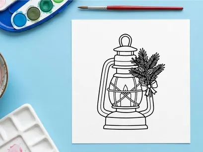 Ilustrasi seni garis lentera Natal dengan cabang-cabang pinus dan hiasan pita meriah