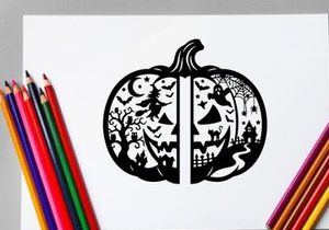 Halloween Pumpkin Silhouette with Witch, Moon, and Bats
