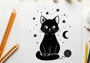 Whimsical silhouette cat under starry night sky with moon