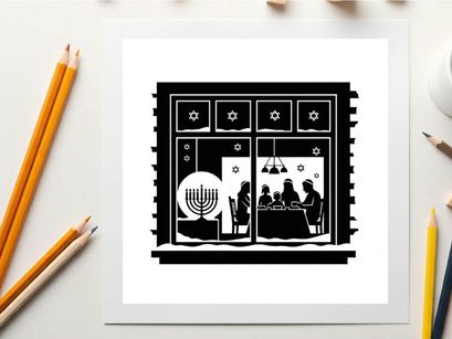 Silhouette of jewish family celebrating hanukkah in a traditional home with menorah silhouette