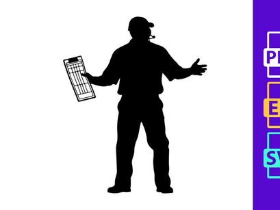 Silhouette of a man holding a clipboard and gesturing