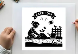 Earth day silhouette of a girl planting a tree with birds and sun