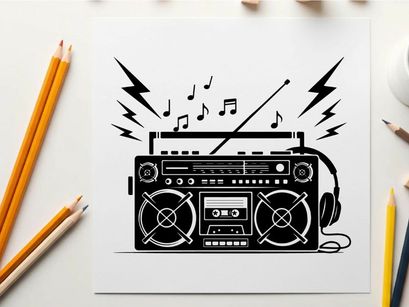 Retro boombox silhouette with music notes and headphones