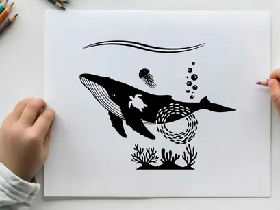 Ilustração vetorial de baleia jubarte com tartaruga marinha e água-viva