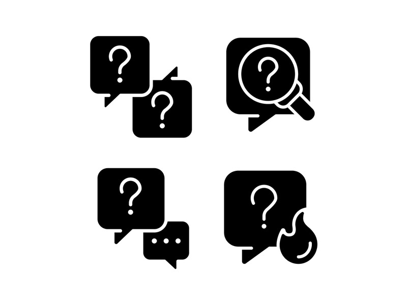Question marks and speech bubbles black glyph icons set on white space