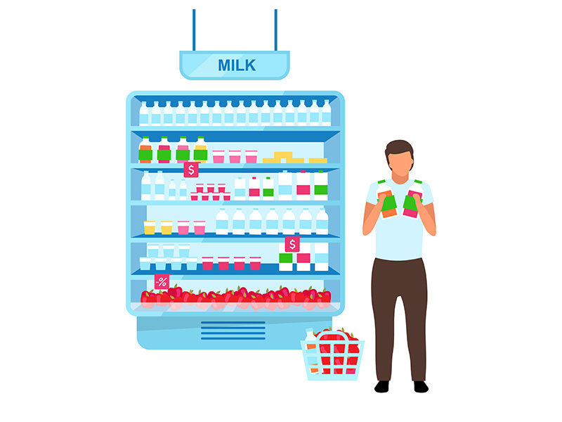 Man choosing yogurt in grocery store flat vector illustration