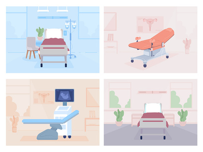 Hospital examining cabinets and wards flat color vector illustrations set