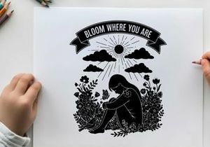 Silhouette of a person in a field with sun and flowers 'bloom where you are' silhouette