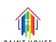 logo icon illustration house paint with a blend of brushes and rollers for house wall paint design, minimalist house, painting, interior, building, property business, wallpaper, vector concept