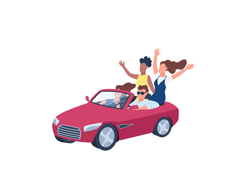 Young people driving red convertible car flat concept vector illustration