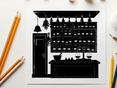 Silhouette of a kitchen with hanging herbs and jars