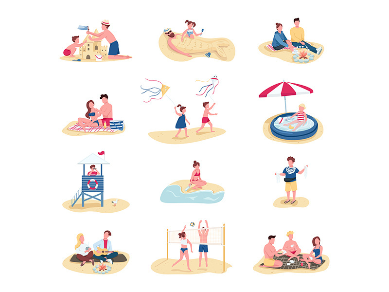 Beach activities flat color vector faceless characters set