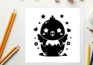 Silhouette of a cute cartoon chick hatching with stars and hearts