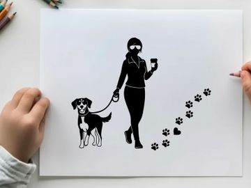Silhouette of woman walking dog with paw prints and heart preview picture
