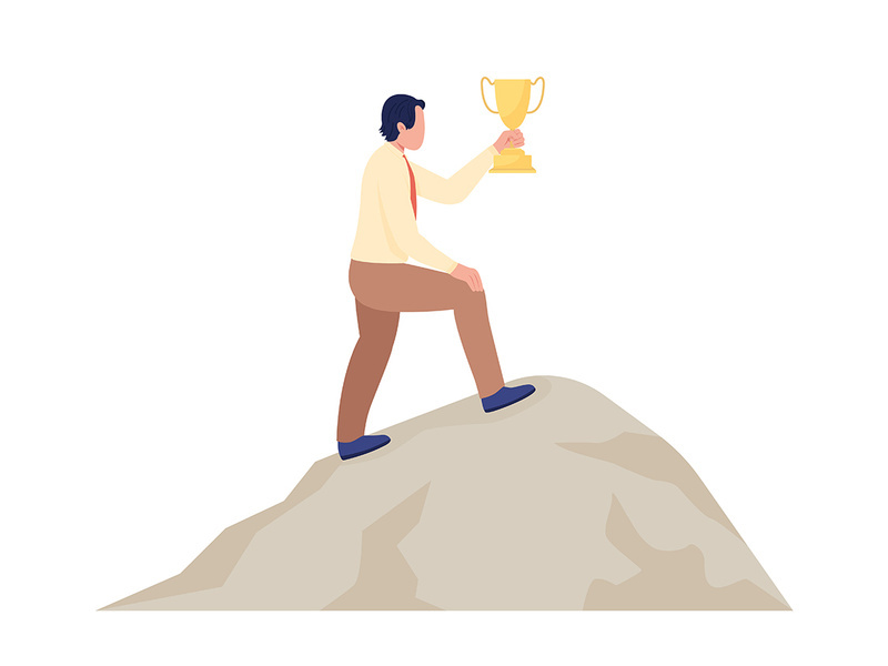 Male winner holding long awaited trophy flat color vector character