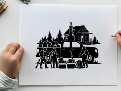Silhouette of men loading gear into a pickup truck in front of a house