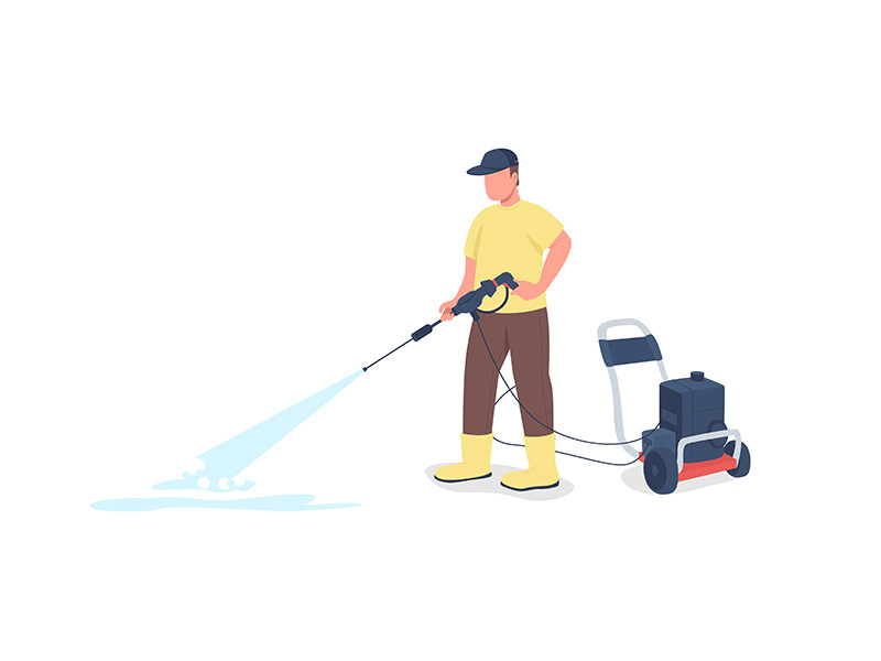 Professional cleaner with equipment flat color vector faceless character