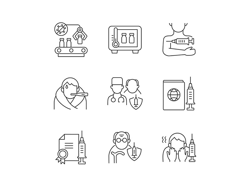 Covid vaccination linear icons set