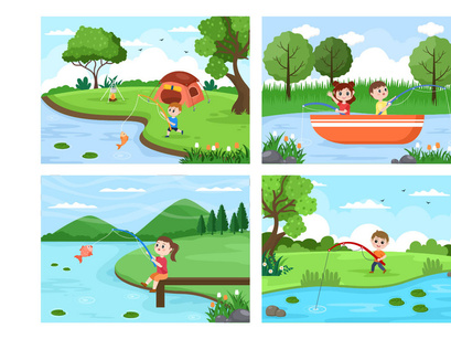 20 Children Fishing Fish Vector Illustration