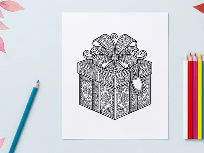 Kotak hadiah Natal dengan pola floral rumit dan pita dekoratif besar seni garis.