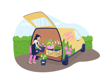 Florist with flowers truck 2D vector web banner, poster preview picture