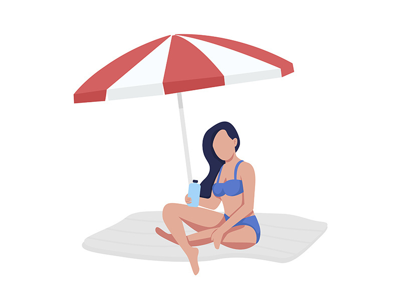 Girl sitting on beach under umbrella semi flat color vector character