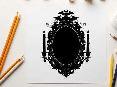 Silhouette of ornate mirror with bats and candelabras silhouette