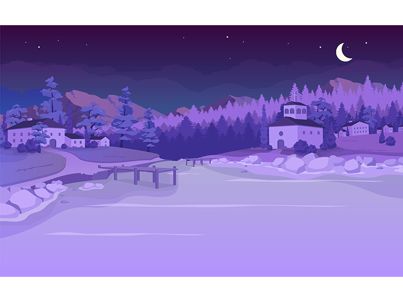Nighttime lake in village flat color vector illustration