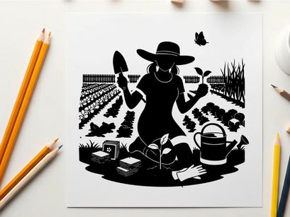 Silhouette of a person gardening in a field at sunset