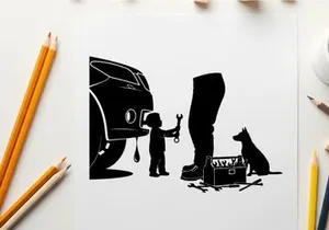 Silhouette of a boy and dog by a broken car with a toolbox