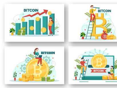 12 Bitcoin Cryptocurrency Coins Illustration