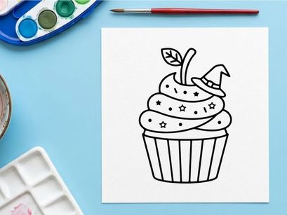 Hand-drawn birthday cupcake with lit candle and sprouting plant. Whimsical sketch-style dessert illustration for eco-friendly celebrations.