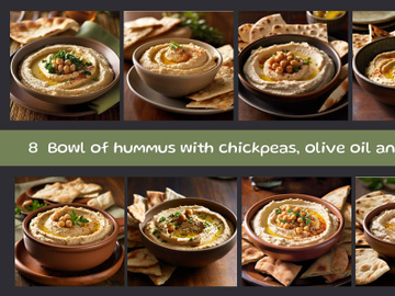 Bowl of hummus with chickpeas, olive oil and pita preview picture