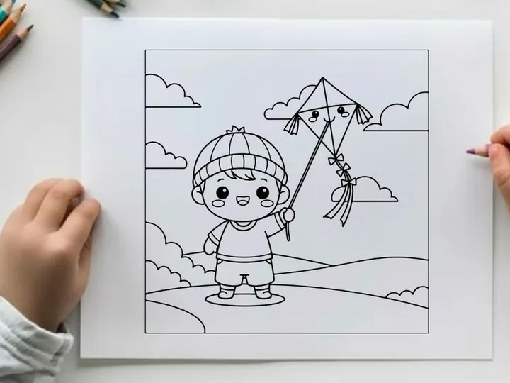 Boy flying kite vector illustration flat design kids activity