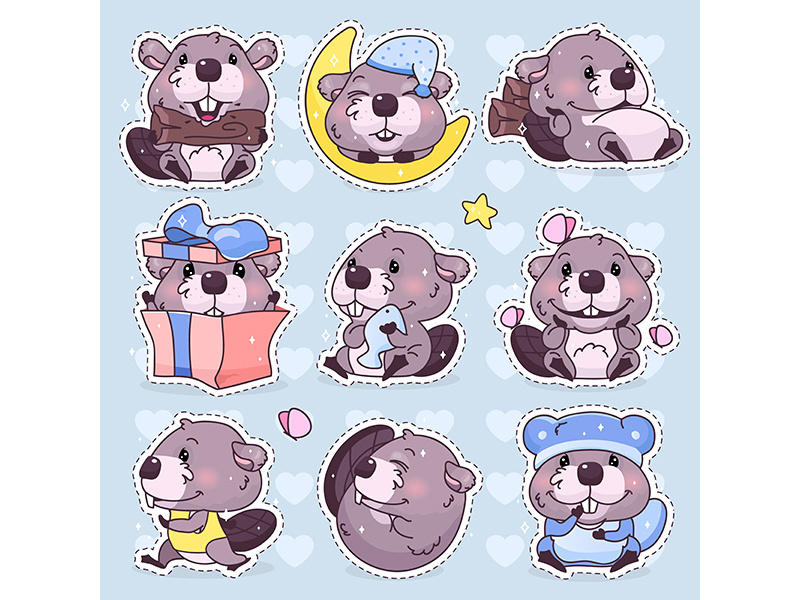 Cute beaver kawaii cartoon vector character set