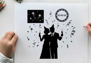 New year's eve celebration silhouette with fireworks and music notes