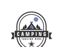 Pine trees and camping tent textured logo design vector illustration