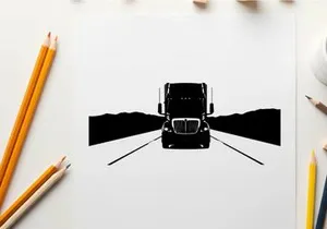 Truck silhouette on a road with mountains in the background silhouette