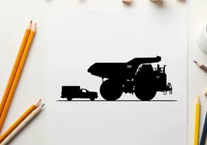 Silhouette of a large mining truck and small transport vehicle