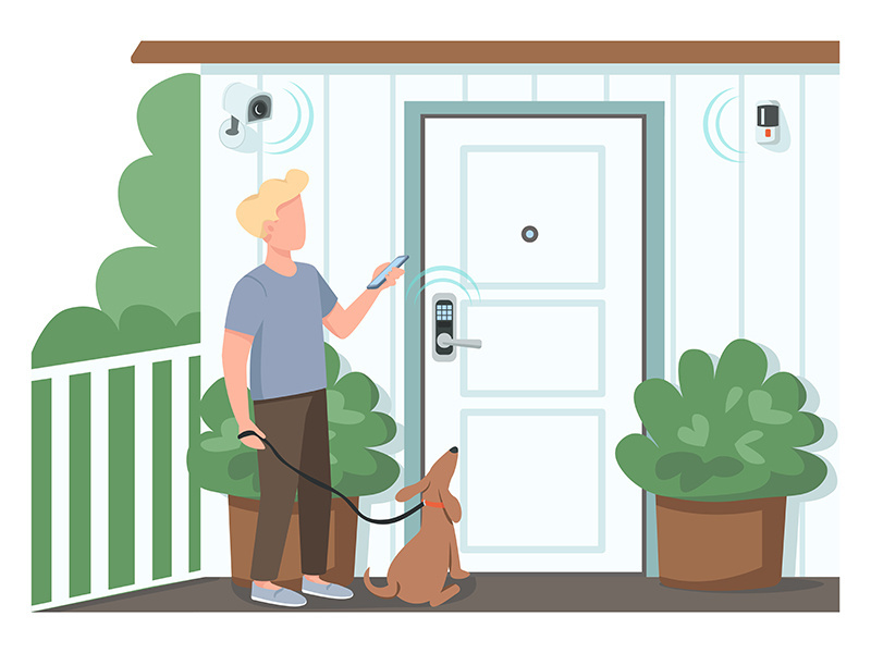 Guy using smart home security flat color vector faceless character