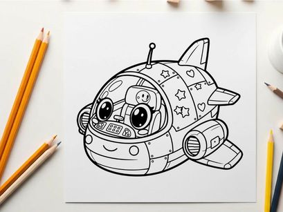 Cute robot spaceship flying in space vector illustration