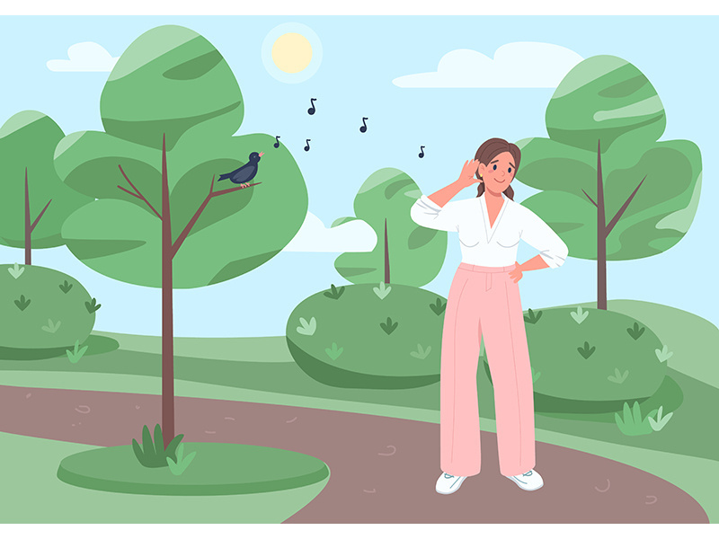 Listen to songbird flat color vector illustration