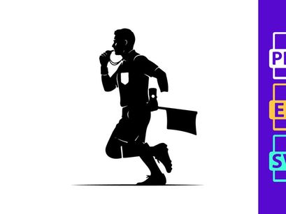 A soccer referee running with a flag in a black silhouette