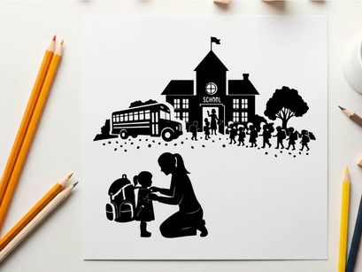 Silhouette of mother and child in front of school