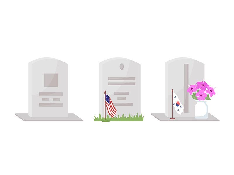 Fallen soldiers gravestones semi flat color vector objects set