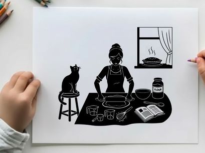 Woman baking with cat silhouette by her side at home