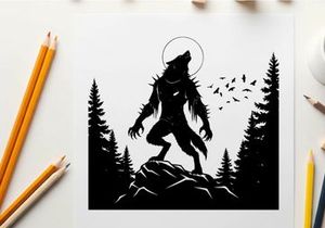 Silhouette of a werewolf howling at the full moon in forest