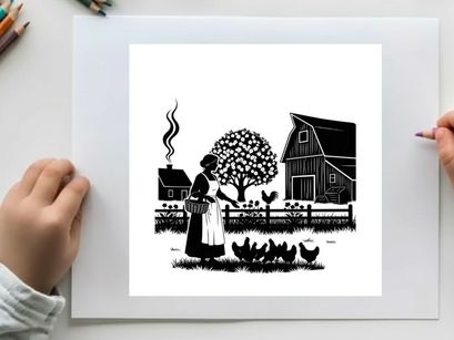 Silhouette of woman feeding chickens on a farm with barn and tree