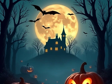 Spooky Halloween night background with glowing pumpkins. preview picture